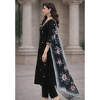 Seduva Women's Chanderi Silk Ethnic Motif V-Neck 3/4th Sleeve Kurti With Pant Dupatta Set (Black)