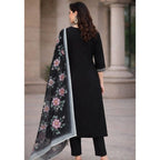 Seduva Women's Chanderi Silk Ethnic Motif V-Neck 3/4th Sleeve Kurti With Pant Dupatta Set (Black)