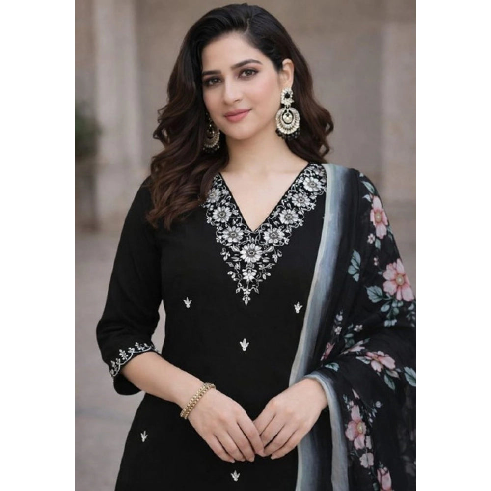 Seduva Women's Chanderi Silk Ethnic Motif V-Neck 3/4th Sleeve Kurti With Pant Dupatta Set (Black)