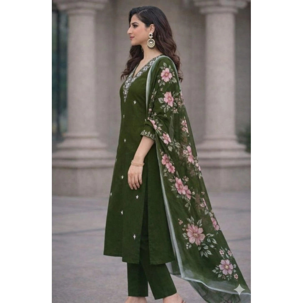 Seduva Women's Chanderi Silk Ethnic Motif V-Neck 3/4th Sleeve Kurti With Pant Dupatta Set (Mahendi)