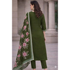 Seduva Women's Chanderi Silk Ethnic Motif V-Neck 3/4th Sleeve Kurti With Pant Dupatta Set (Mahendi)