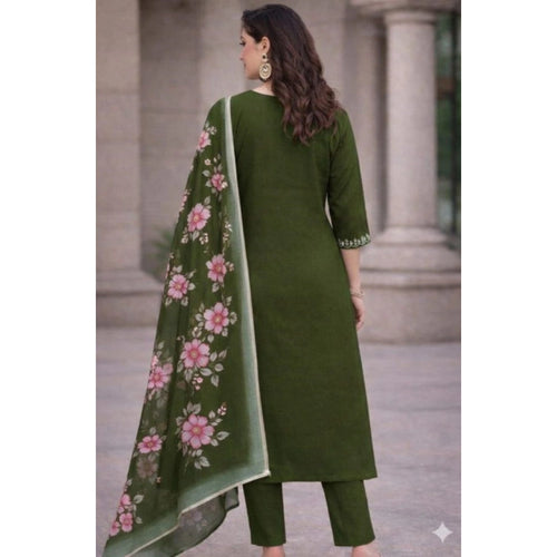 Seduva Women's Chanderi Silk Ethnic Motif V-Neck 3/4th Sleeve Kurti With Pant Dupatta Set (Mahendi)