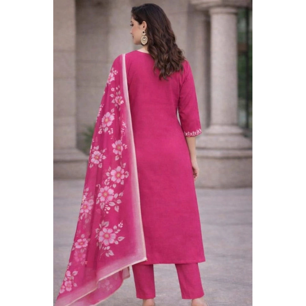 Seduva Women's Chanderi Silk Ethnic Motif V-Neck 3/4th Sleeve Kurti With Pant Dupatta Set (Pink)