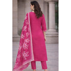 Seduva Women's Chanderi Silk Ethnic Motif V-Neck 3/4th Sleeve Kurti With Pant Dupatta Set (Pink)