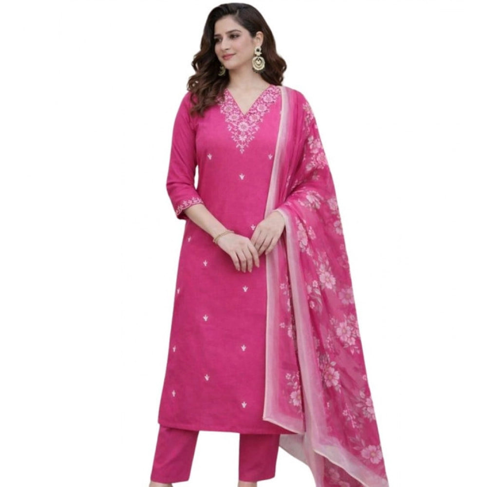Seduva Women's Chanderi Silk Ethnic Motif V-Neck 3/4th Sleeve Kurti With Pant Dupatta Set (Pink)