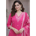Seduva Women's Chanderi Silk Ethnic Motif V-Neck 3/4th Sleeve Kurti With Pant Dupatta Set (Pink)