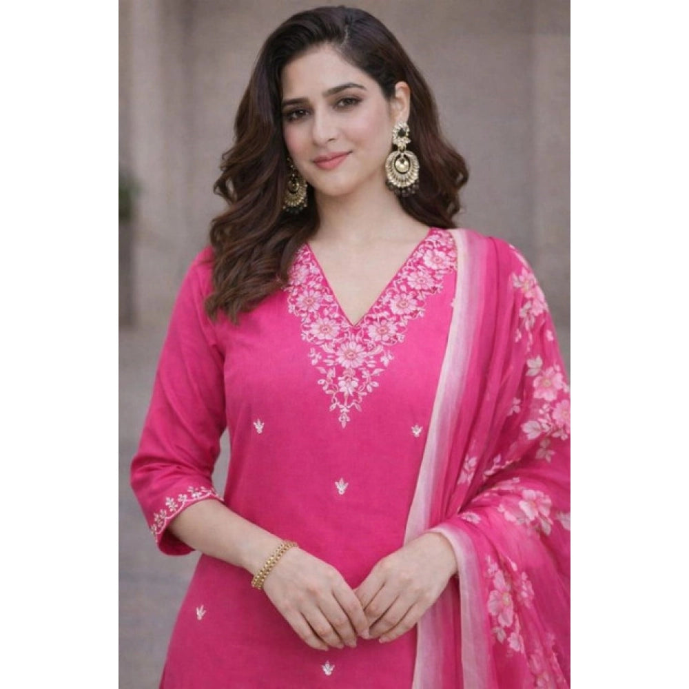 Seduva Women's Chanderi Silk Ethnic Motif V-Neck 3/4th Sleeve Kurti With Pant Dupatta Set (Pink)
