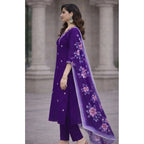 Seduva Women's Chanderi Silk Ethnic Motif V-Neck 3/4th Sleeve Kurti With Pant Dupatta Set (Purple)