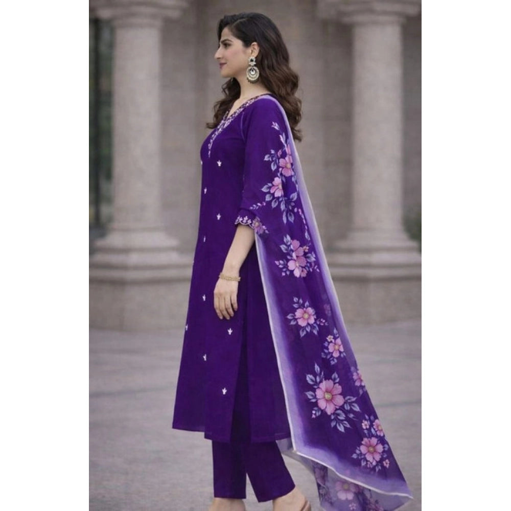 Seduva Women's Chanderi Silk Ethnic Motif V-Neck 3/4th Sleeve Kurti With Pant Dupatta Set (Purple)