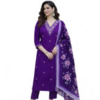 Seduva Women's Chanderi Silk Ethnic Motif V-Neck 3/4th Sleeve Kurti With Pant Dupatta Set (Purple)
