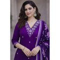 Seduva Women's Chanderi Silk Ethnic Motif V-Neck 3/4th Sleeve Kurti With Pant Dupatta Set (Purple)
