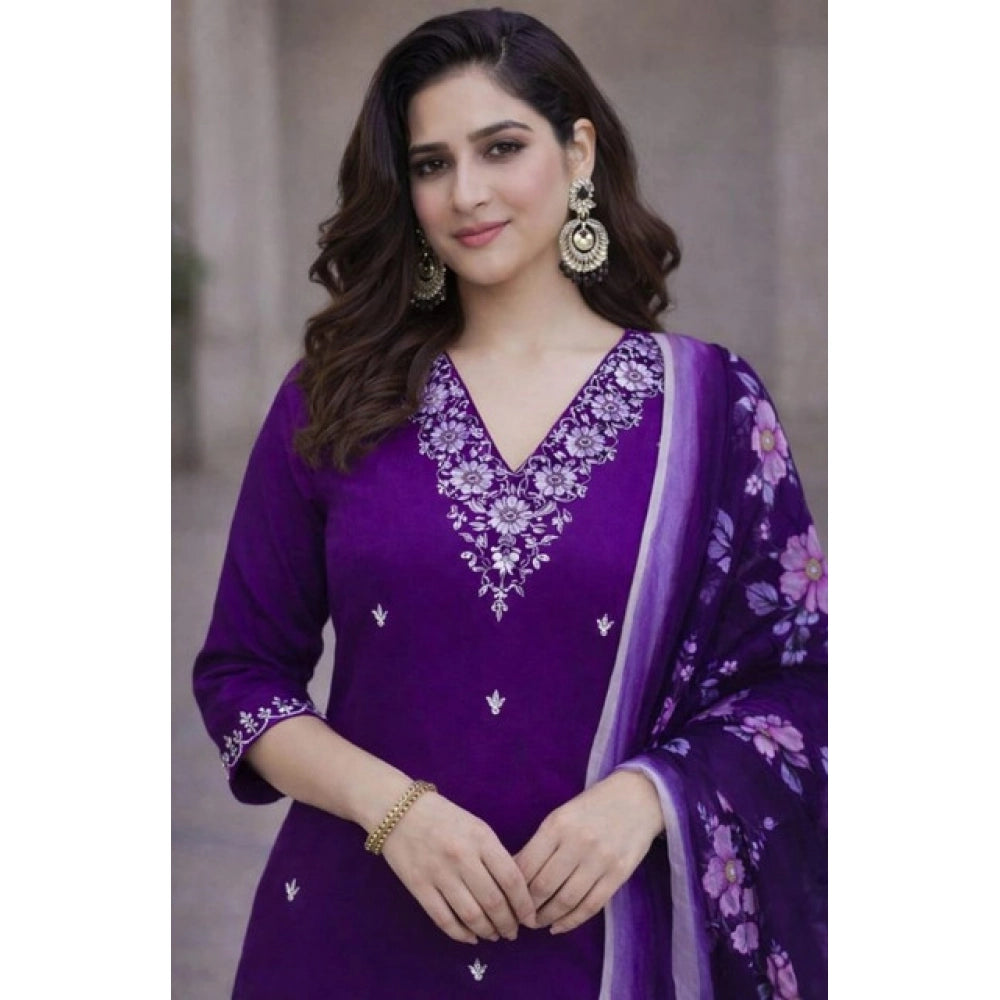 Seduva Women's Chanderi Silk Ethnic Motif V-Neck 3/4th Sleeve Kurti With Pant Dupatta Set (Purple)