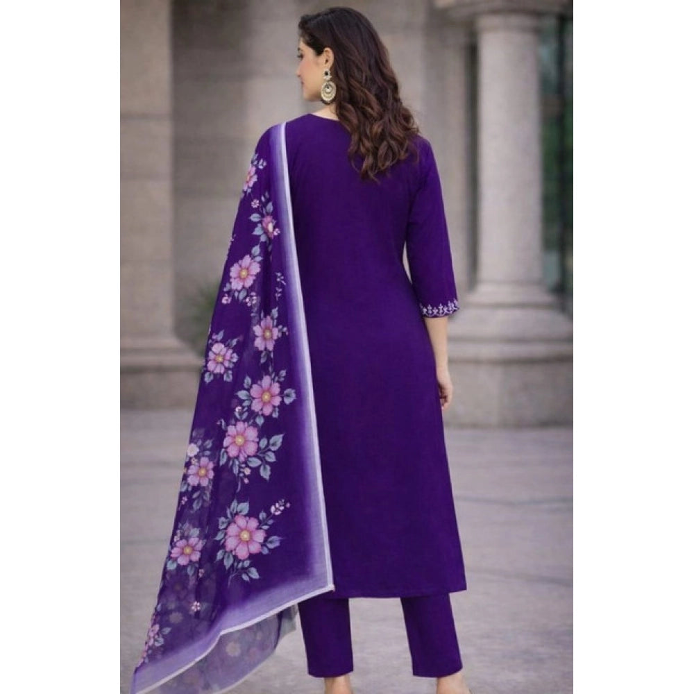 Seduva Women's Chanderi Silk Ethnic Motif V-Neck 3/4th Sleeve Kurti With Pant Dupatta Set (Purple)