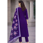 Seduva Women's Chanderi Silk Ethnic Motif V-Neck 3/4th Sleeve Kurti With Pant Dupatta Set (Purple)