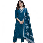 Seduva Women's Chanderi Silk Ethnic Motif V-Neck 3/4th Sleeve Kurti With Pant Dupatta Set (Teal)