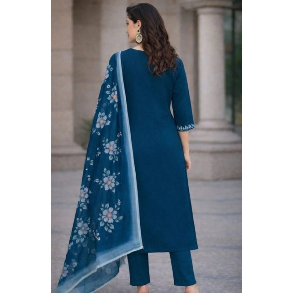 Seduva Women's Chanderi Silk Ethnic Motif V-Neck 3/4th Sleeve Kurti With Pant Dupatta Set (Teal)