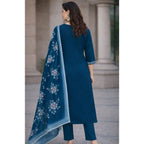 Seduva Women's Chanderi Silk Ethnic Motif V-Neck 3/4th Sleeve Kurti With Pant Dupatta Set (Teal)