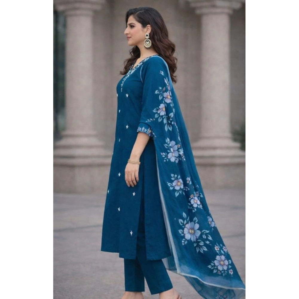 Seduva Women's Chanderi Silk Ethnic Motif V-Neck 3/4th Sleeve Kurti With Pant Dupatta Set (Teal)