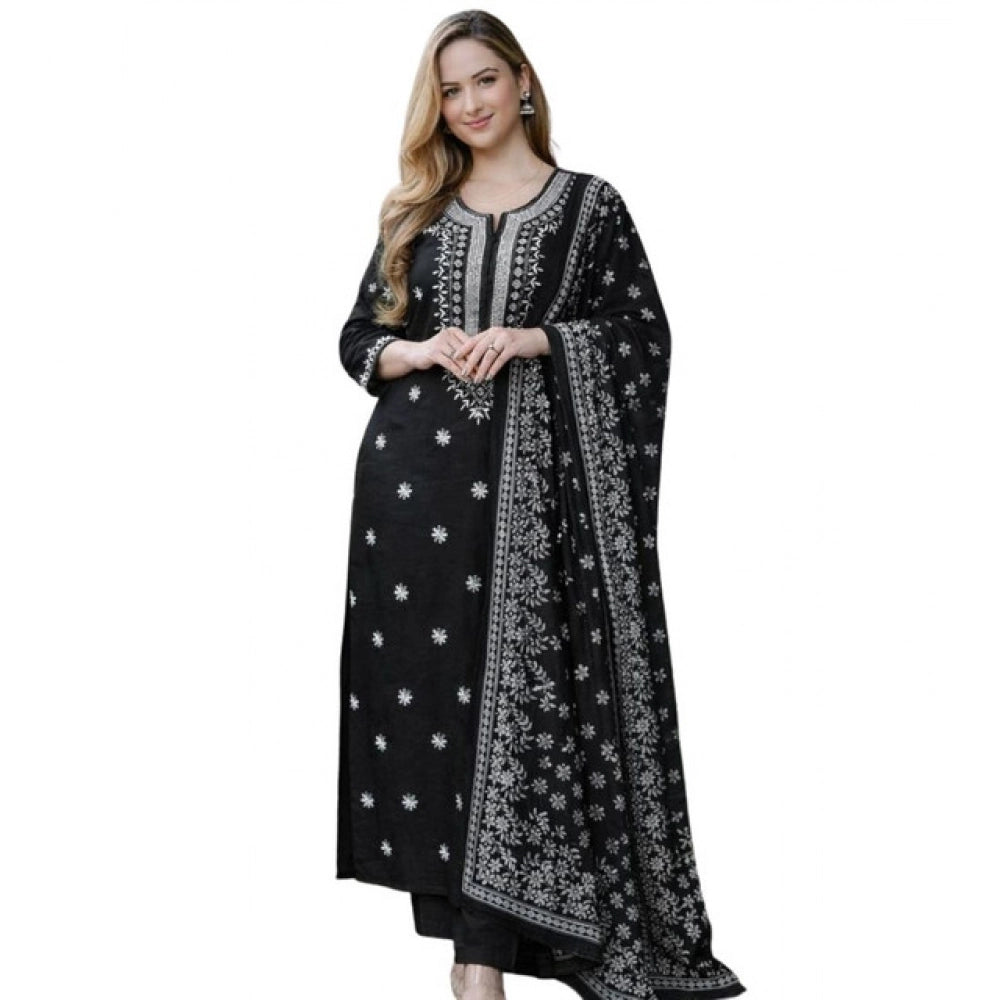 Seduva Women's Chanderi Silk Ethnic Motif Round 3/4th Sleeve Kurti With Pant Dupatta Set (Black)