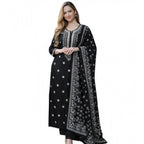 Seduva Women's Chanderi Silk Ethnic Motif Round 3/4th Sleeve Kurti With Pant Dupatta Set (Black)