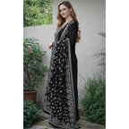 Seduva Women's Chanderi Silk Ethnic Motif Round 3/4th Sleeve Kurti With Pant Dupatta Set (Black)
