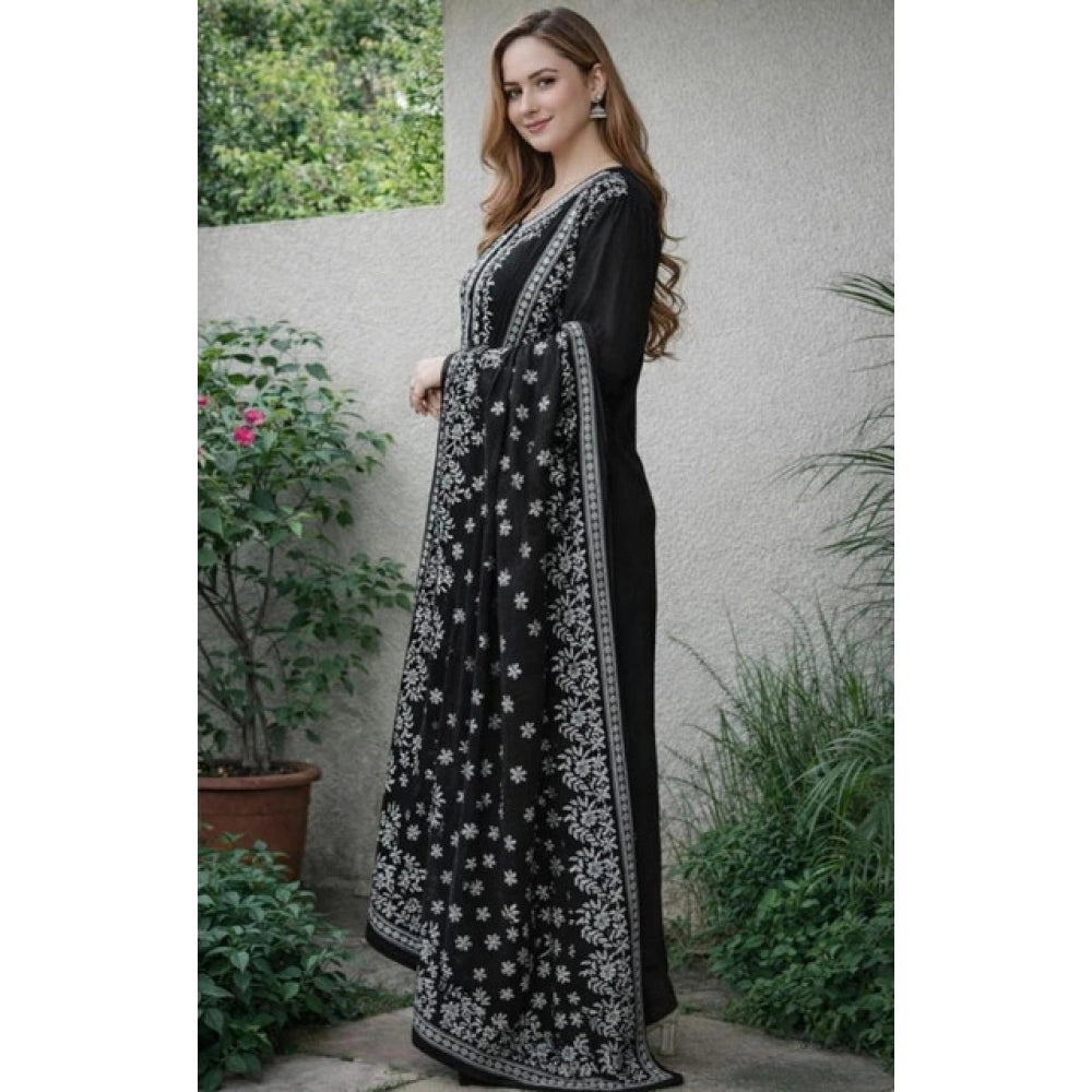 Seduva Women's Chanderi Silk Ethnic Motif Round 3/4th Sleeve Kurti With Pant Dupatta Set (Black)