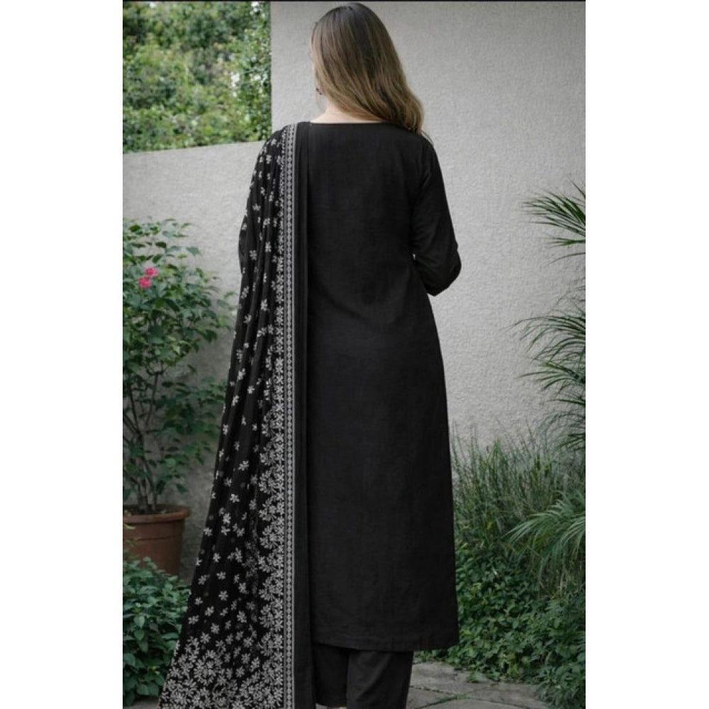 Seduva Women's Chanderi Silk Ethnic Motif Round 3/4th Sleeve Kurti With Pant Dupatta Set (Black)