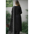 Seduva Women's Chanderi Silk Ethnic Motif Round 3/4th Sleeve Kurti With Pant Dupatta Set (Black)
