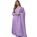 Seduva Women's Chanderi Silk Ethnic Motif Round 3/4th Sleeve Kurti With Pant Dupatta Set (Lavender)