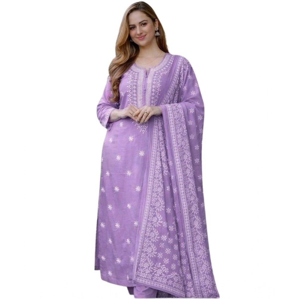 Seduva Women's Chanderi Silk Ethnic Motif Round 3/4th Sleeve Kurti With Pant Dupatta Set (Lavender)
