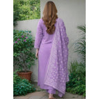 Seduva Women's Chanderi Silk Ethnic Motif Round 3/4th Sleeve Kurti With Pant Dupatta Set (Lavender)