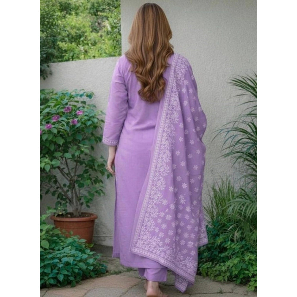 Seduva Women's Chanderi Silk Ethnic Motif Round 3/4th Sleeve Kurti With Pant Dupatta Set (Lavender)