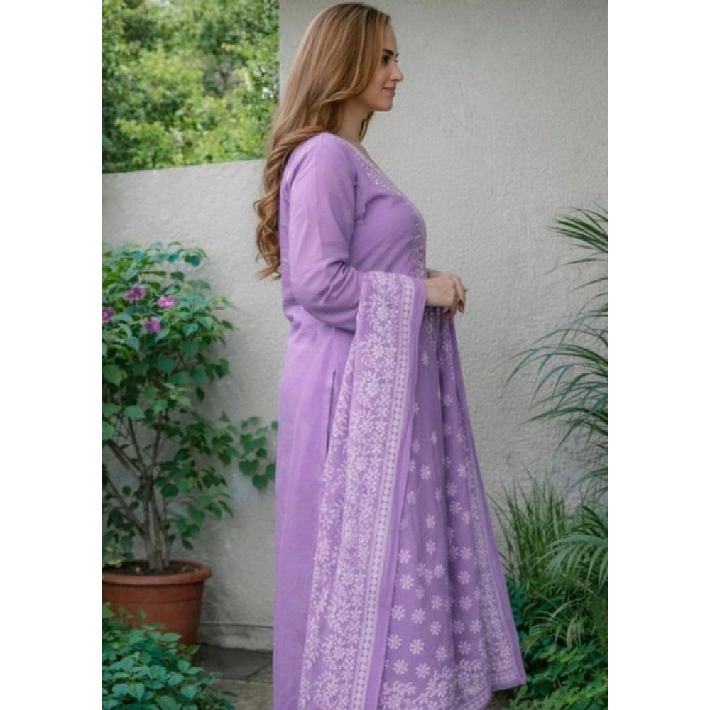 Seduva Women's Chanderi Silk Ethnic Motif Round 3/4th Sleeve Kurti With Pant Dupatta Set (Lavender)