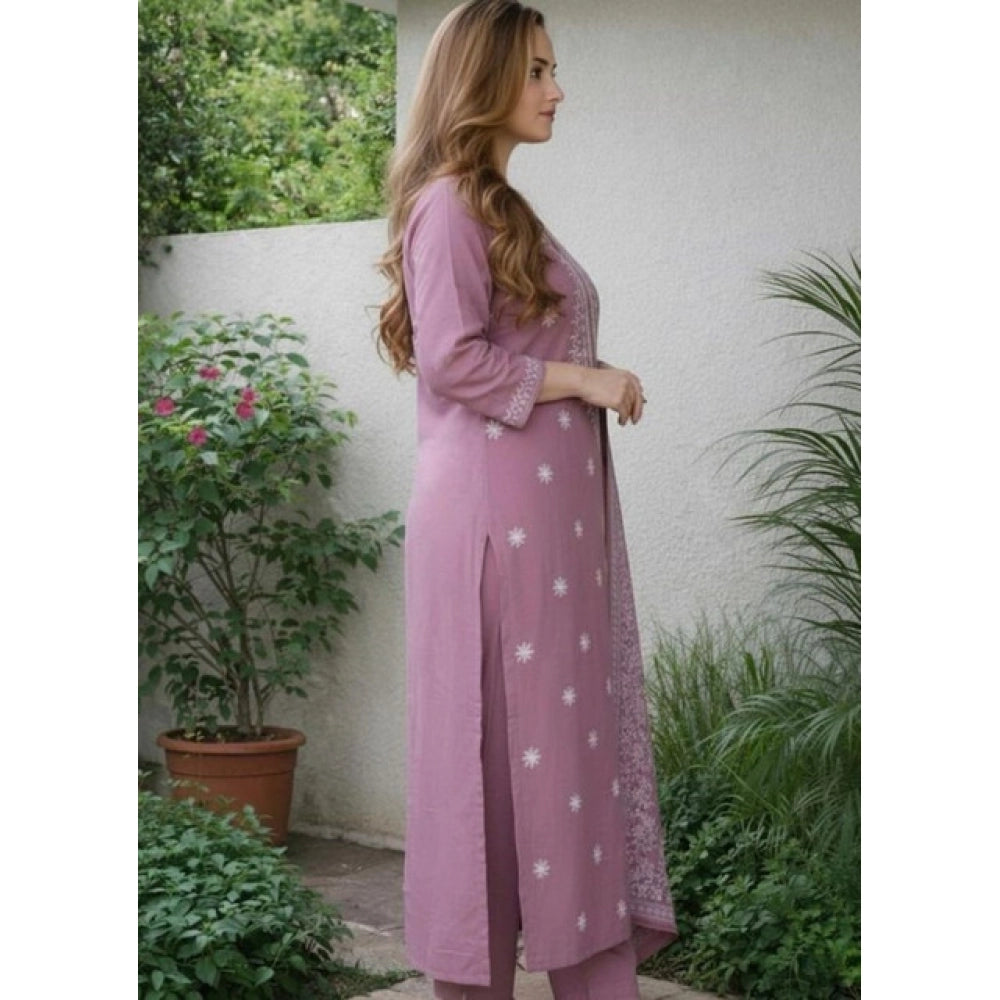 Seduva Women's Chanderi Silk Ethnic Motif Round 3/4th Sleeve Kurti With Pant Dupatta Set (Peach)