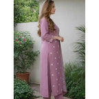 Seduva Women's Chanderi Silk Ethnic Motif Round 3/4th Sleeve Kurti With Pant Dupatta Set (Peach)