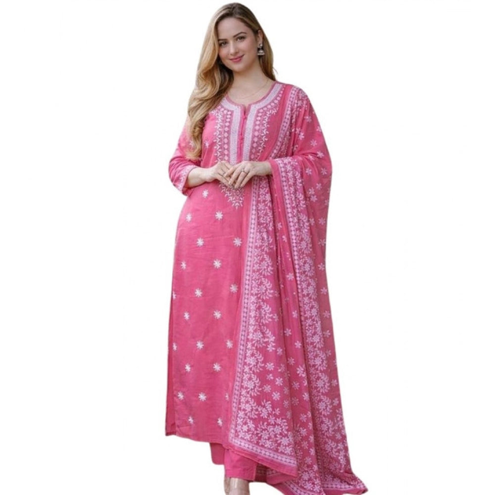 Seduva Women's Chanderi Silk Ethnic Motif Round 3/4th Sleeve Kurti With Pant Dupatta Set (Pink)