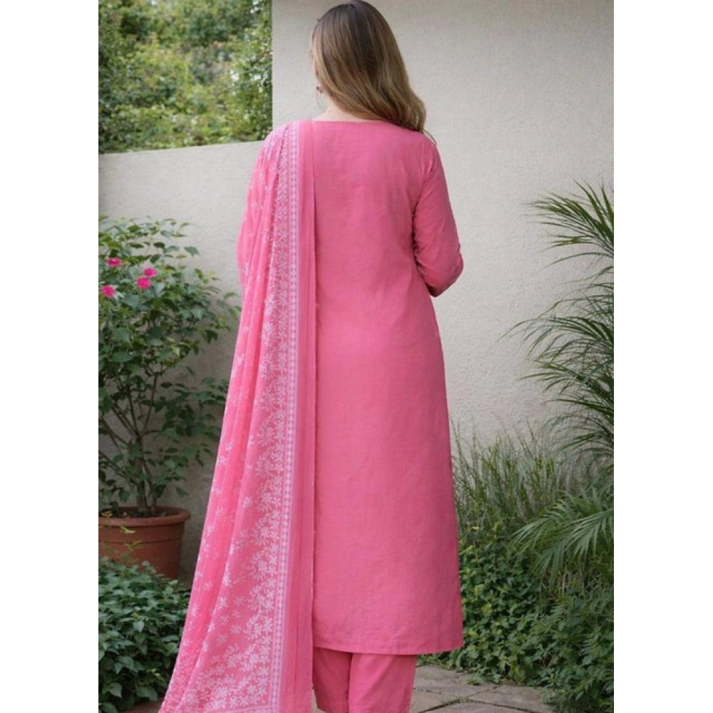 Seduva Women's Chanderi Silk Ethnic Motif Round 3/4th Sleeve Kurti With Pant Dupatta Set (Pink)