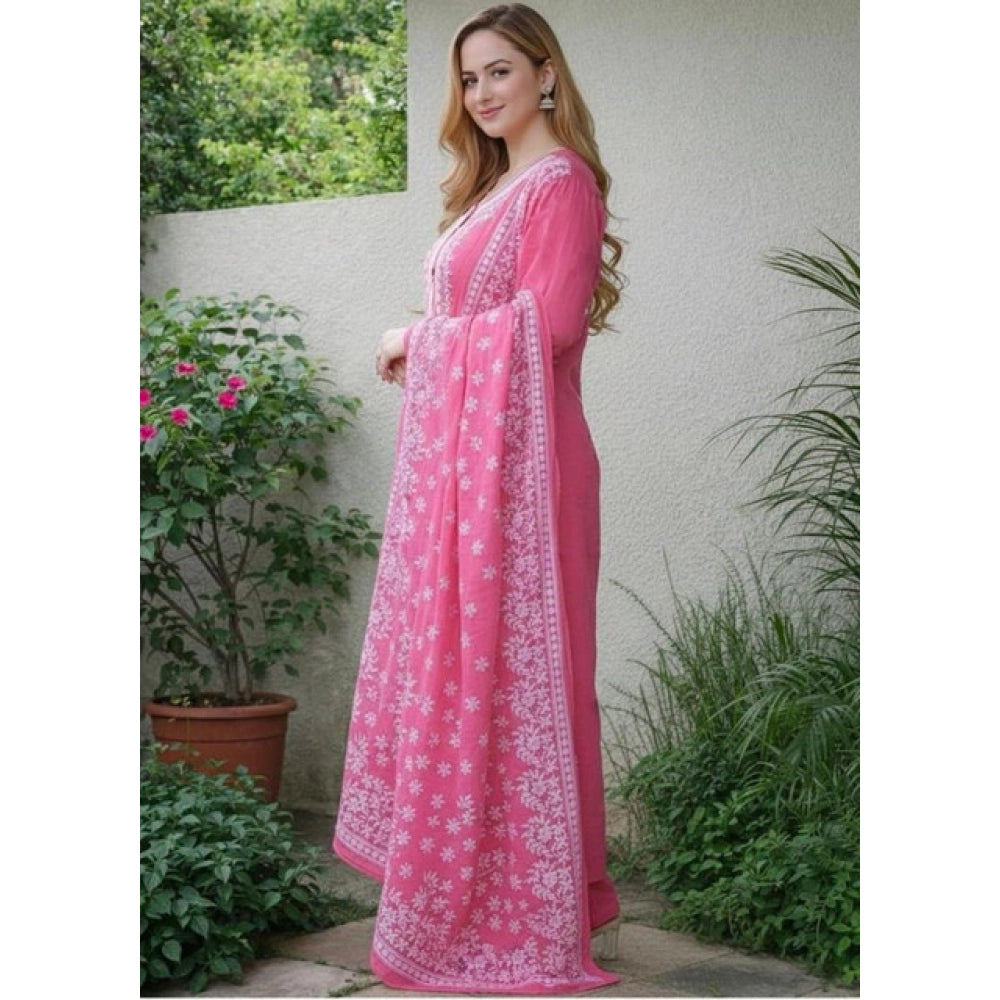 Seduva Women's Chanderi Silk Ethnic Motif Round 3/4th Sleeve Kurti With Pant Dupatta Set (Pink)